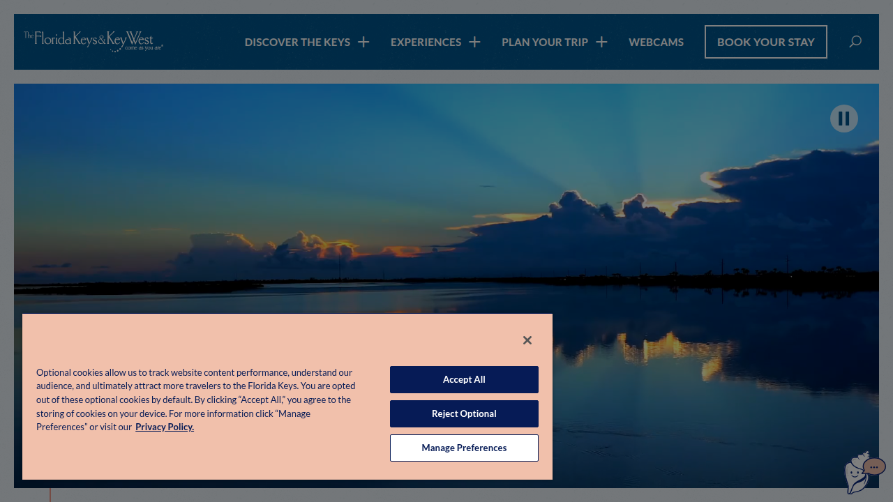 Screenshot of the official Visit Florida Keys tourism website homepage, a resource for planning trips and exploring attractions in the Florida Keys.