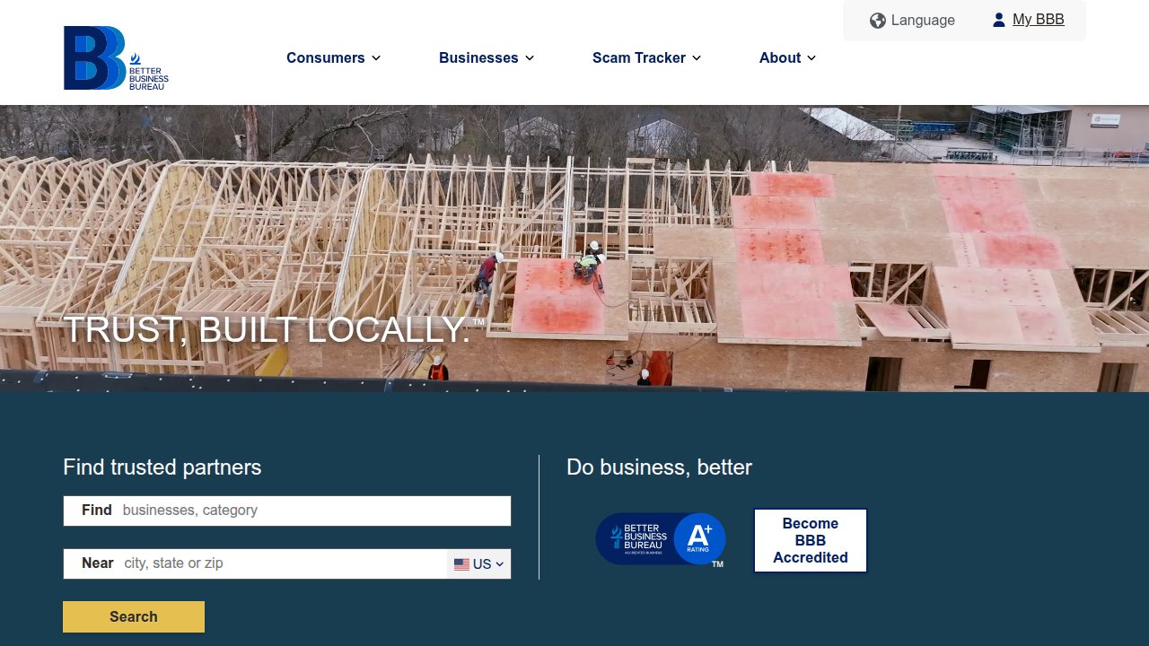Screenshot of the Better Business Bureau (BBB) homepage, a trusted resource for checking business reliability and customer reviews before booking services.