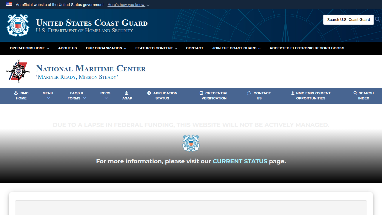Screenshot of the U.S. Coast Guard's National Maritime Center page detailing Merchant Mariner Credentials and captain's licenses required for charter boat operators.