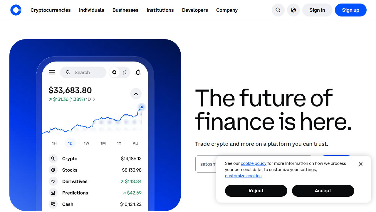 The homepage for Coinbase, a popular cryptocurrency exchange and custodial wallet provider.
